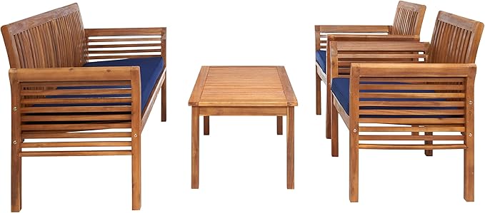 SAFAVIEH Outdoor Collection Carson Natural/ Navy Cushions 4-Piece Conversation Patio Set