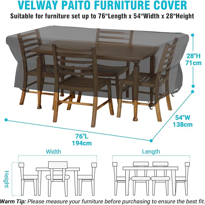 Velway Patio Table Chairs Set - Square Waterproof 76"L x 54"W x 28"H Outdoor Bistro Dining Set - Fire Pit Table Cover - Furniture Cover - Small Rectangle Ultra Windproof UV-Resistant