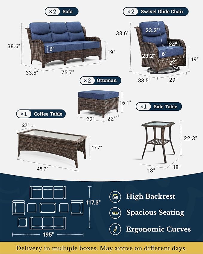 HILLGA Luxury Patio Furniture Set with 6-inch Thick Cushion, Outdoor Couch and High Back Swivel Rocker Patio Chairs, 8PCS Wicker Conversation Set for Deck Yard and Poolside, Blue (V2)