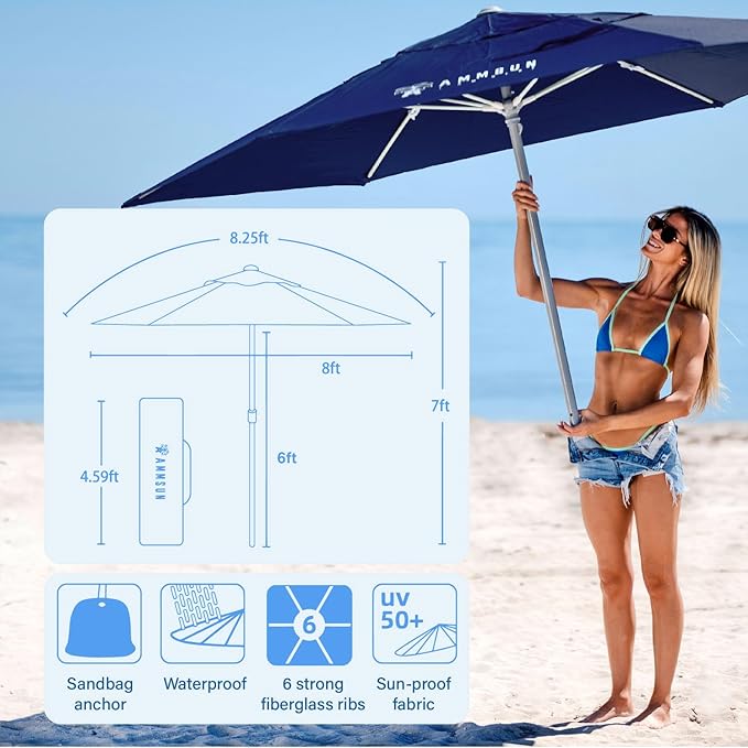 AMMSUN 8ft Large Beach Umbrellas for Sand Heavy Huty Wind Portable Commercial Grade Patio Beach Umbrella with Sand Anchor Hanging Hook Weight Sandbag Adjustable Height Air Vent UPF 50+ Telescoping Pole without tilt Navy