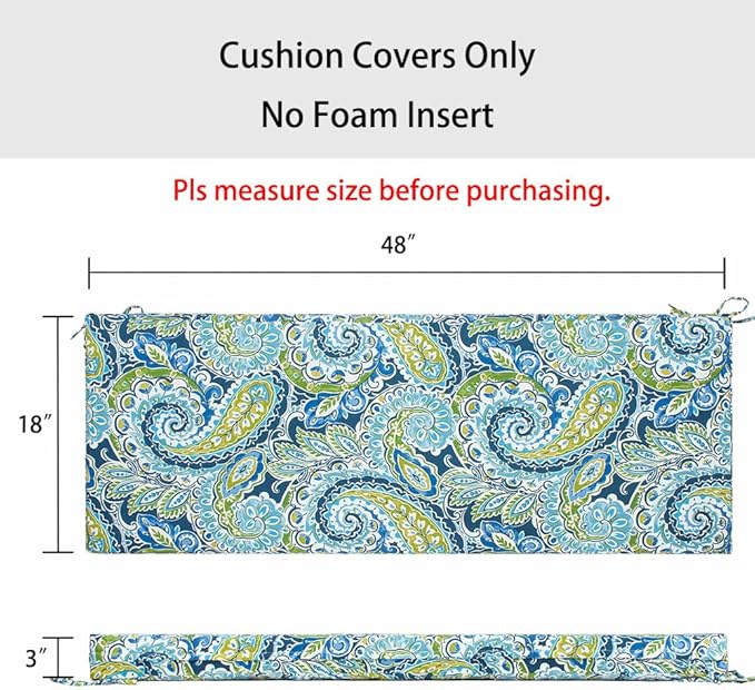 Magpie Fabrics Patio Bench Cushion Cover 48x18x3 Inch, NO Insert! Water&Fade Resistant Outdoor Loveseat Replacement Cover with Zipper (Paisley Lapis Green)