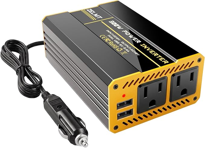 300W Car Power Inverter 12V DC to 110V AC Converter, Dual AC Outlets, 4.8A USB Fast Charging, Portable Car Plug Adapter for Laptop, Phone, Tablet, Road Trip & Emergency