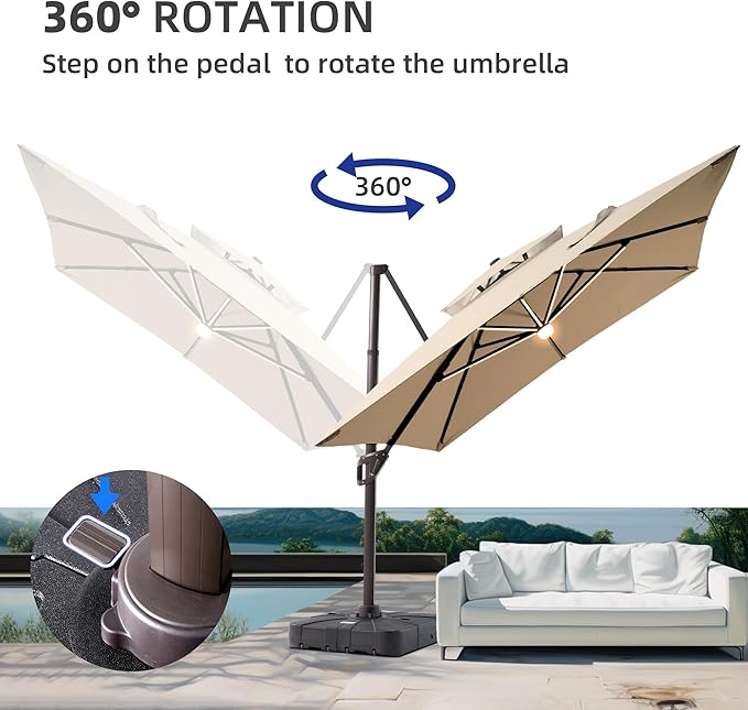 10 X 13 FT Cantilever Patio Umbrella with Led Lights and Base Included Heavy Duty Outdoor Double Top Large Rectangle Offset Umbrellas with 360-degree Rotation for Garden Pool Deck Backyard, Beige