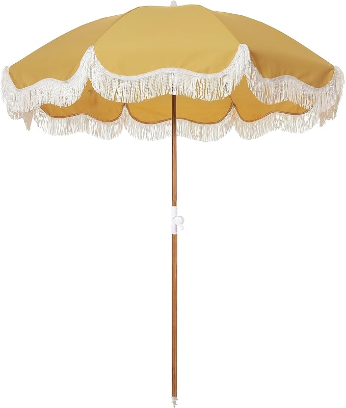 Business & Pleasure Co. Holiday Umbrella - Boho Beach Umbrella with White Fringe, UPF 50+, 1" Tilting Wood Pole, 5’ x 6.5’, Vintage Gold