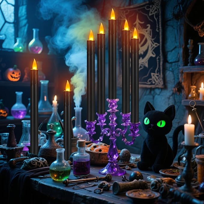 wemarry 10" Flameless Taper Candles with Remote, 12 Pcs Black Electric Led candlesticks, Plastic Tall Taper Candles Battery Operated with Flickering Flame for Halloween Christmas Wedding Home Décor