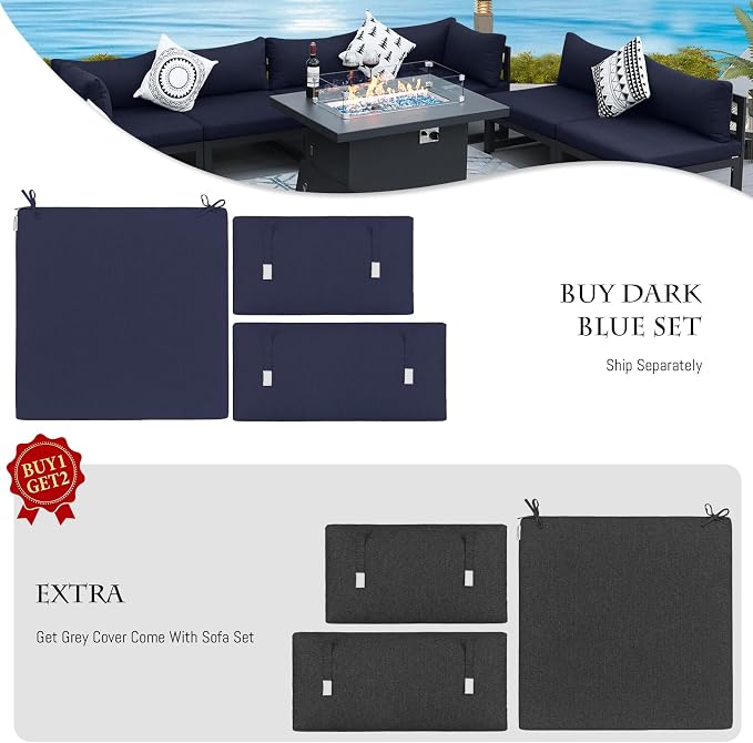 BULEXYARD 9 Piece Large Modern Aluminum Outdoor Patio Furniture Set with Fire Pit Table, 29 inch Wide Deep Seat, Rust Proof Comfy Sectional Sofa, 500 lbs Sturdy Front Yard Conversation Set, Navy Blue