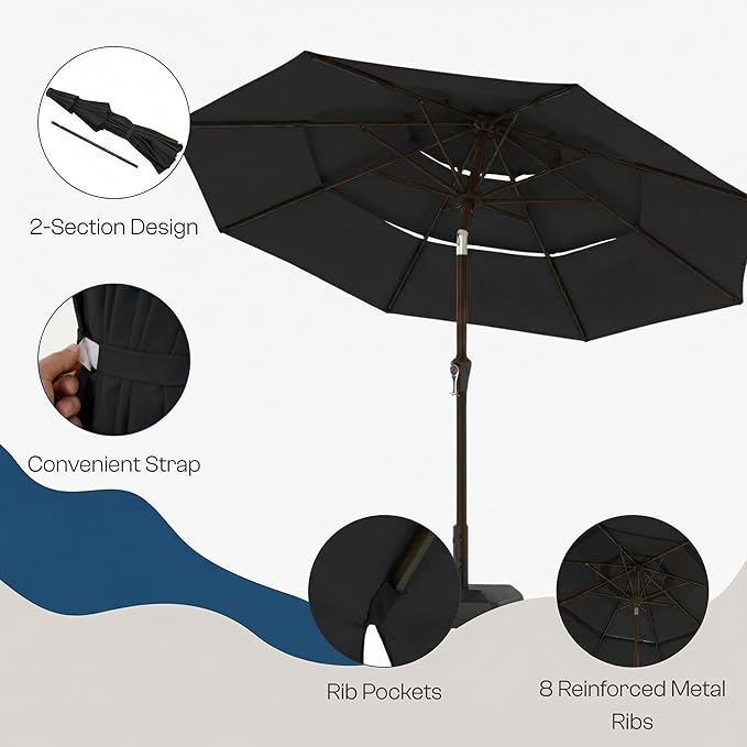 10ft 3 Tier Patio Umbrella, Outdoor Market Table Umbrella with UPF 50+ Vented Canopy, 8 Sturdy Ribs, Easy Push Button Tilt and Crank, Windproof for Deck, Pool, Backyard and Garden