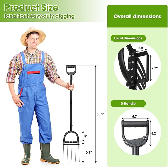 Broadfork Garden Tool, 55IN Pitch Fork for Gardening 5-Tine Heavy Duty Garden Fork with Ergonomic D-Grip Handle for Digging Loosening Soil Cultivating Weeding Composting