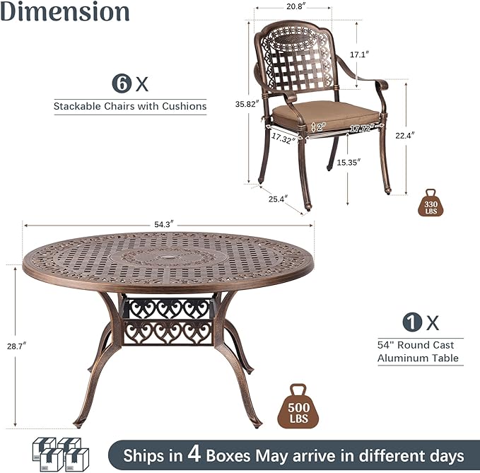 Redlife 7-Piece Cast Aluminum Outdoor Dining Set, 54" Round Patio Table with Umbrella Hole, 6 Stackable Chairs with Cushion, Lattice Backrest, Waterproof Patio Furniture Set for Garden,Backyard
