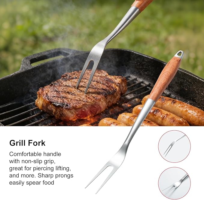 Heavy-Duty Wood BBQ Grilling Accessories Tools Set, Premium Thickened Stainless Steel Barbecue Utensils for Outdoor Grilling