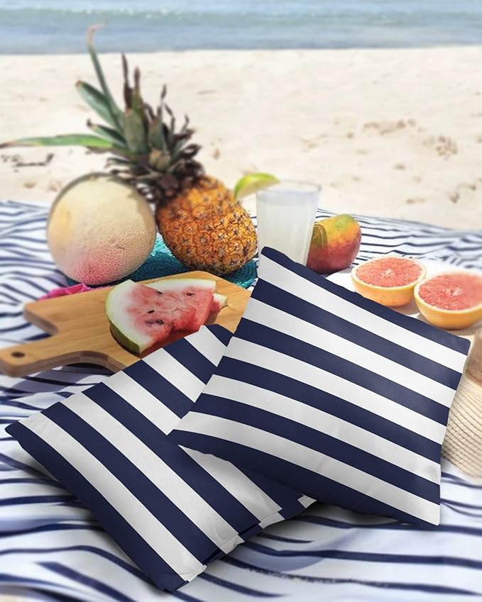 Outdoor Waterproof Pillow Covers for Patio Furniture Solid Nautical Striped Decorative Throw Pillow Cover Navy Blue Pillowcases Set of 2 Cushion Case for Sofa Couch Chair Home Decor 24 x 24 Inches