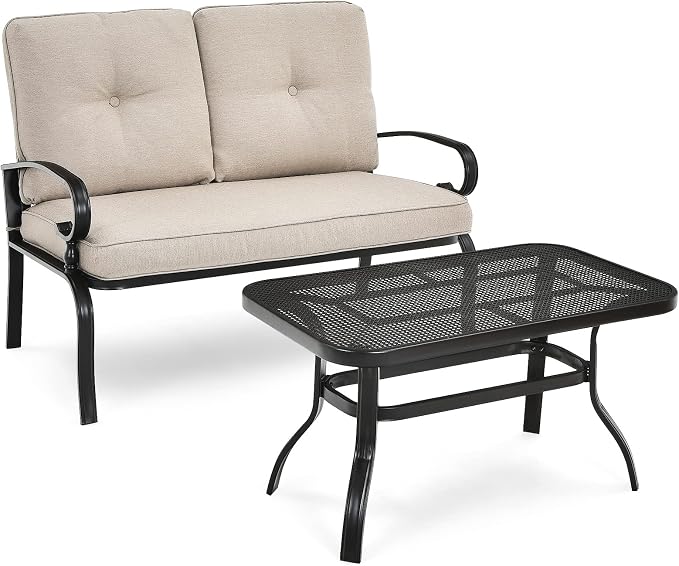 RELAX4LIFE Patio Loveseat with Coffee Table - 2-Piece Patio Conversation Sofa Set w/Backrest & Cushions, Modern Outdoor Glider Bench for Garden, Backyard, Poolside, Metal Porch Furniture (Beige)