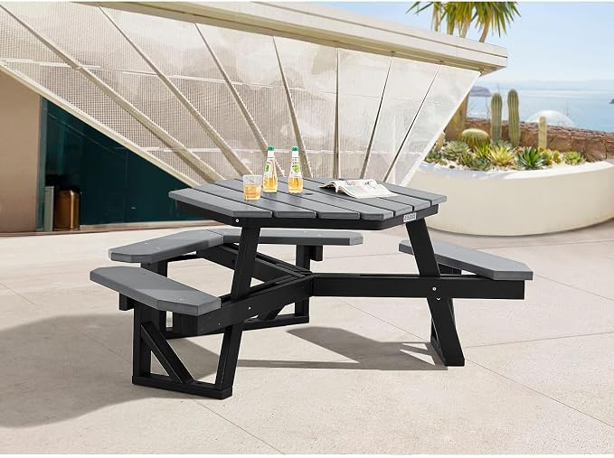 Global Industrial Outdoor 46" Hexagonal ADA Accessible Picnic Table with 3 Attached Benches, Recycled Plastic Construction, 1600 Lbs Weight Capacity, Gray