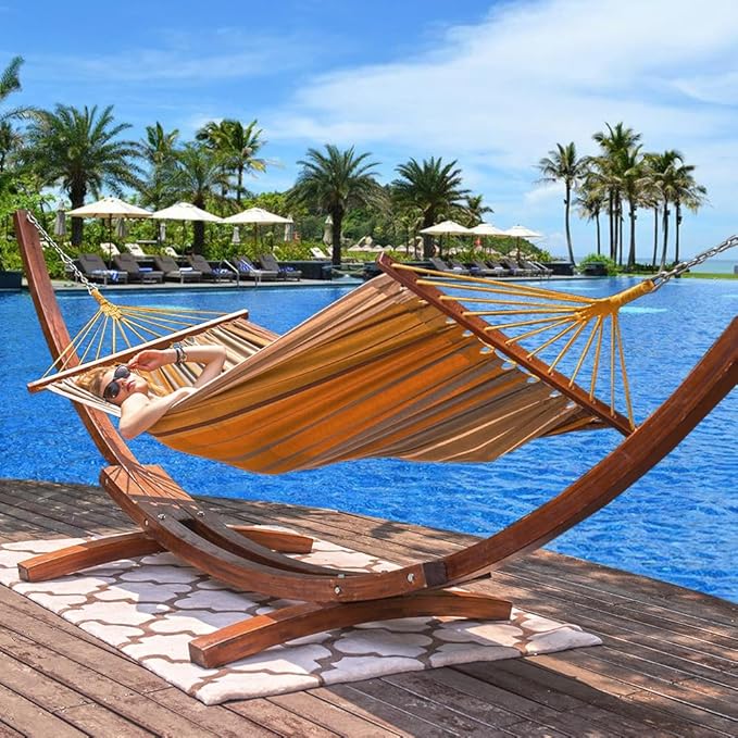 Lazy Daze Hammocks Cotton Fabric Spreader Bar Hammock and 10.5 Ft Wood Arc Hammock Stand Combo, for Indoor, Outdoor, Patio, Garden, Backyard, Khaki and Brown