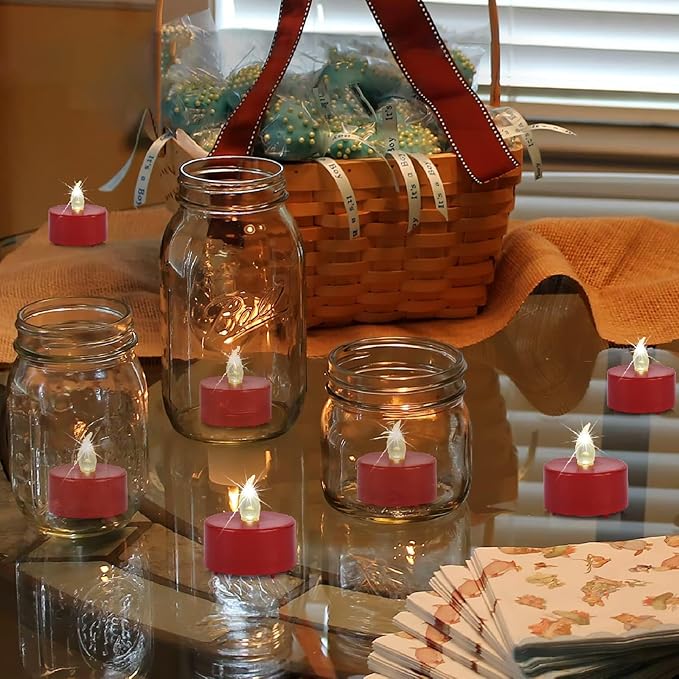 Battery Operated Tea Lights Candles,Flameless Led Electric Fake Candle, 50 Pack Realistic Flickering Votive Tealights, Long Lasting 200+Hours, for Wedding Party Home Decoration (Red)