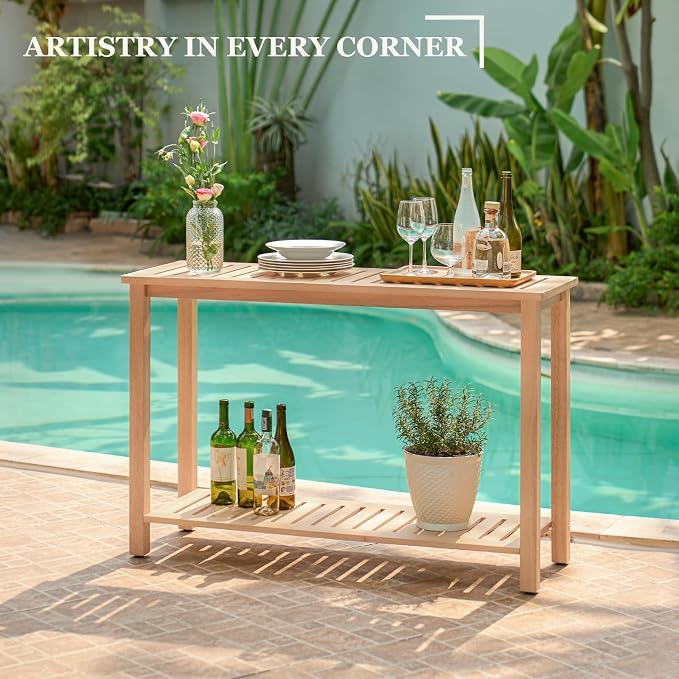 Premium 2-Tier Wooden Console Table with Storage Shelf Solid Eucalyptus Wood 48.03"x 16.14"x 31.1" Entryway Sofa Table for Hallway, Living Room (Natural)