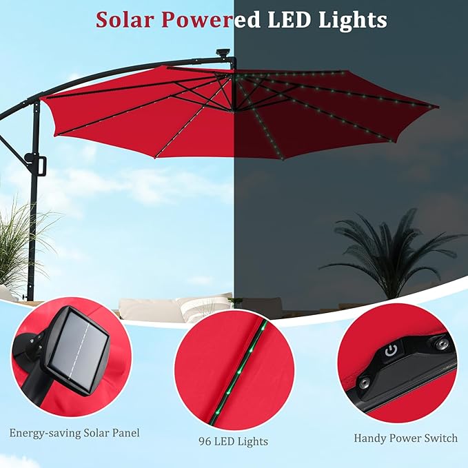 HAPPYGRILL 10 FT Offset Hanging Umbrella with Multi-Colored Flowing LED Lights, 9 Light Modes, Outdoor Patio Cantilever Umbrella with Base, Easy Tilt, 360° Rotation, Crank