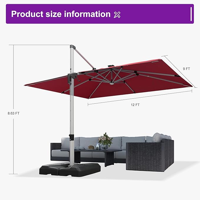 PURPLE LEAF 9' X 12' Patio Umbrella with Lights Outdoor Rectangle Cantilever Umbrella Solar Powered LED with 360-degree Rotation for Garden Deck Pool Patio, Terra