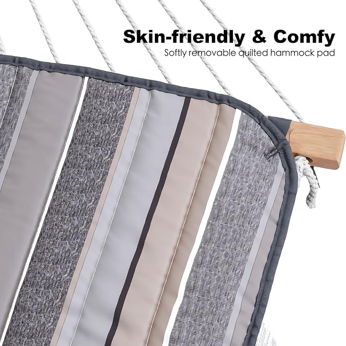 GAFETE 2 Person Hammock with Stand for Outside, 52inch Double Cotton Rope Hammock with Polyester Pad, Heavy Duty Steel Stand, Large Removable Pillow, Storage Bags, Max 475 lbs Capacity (Dove with Pad)