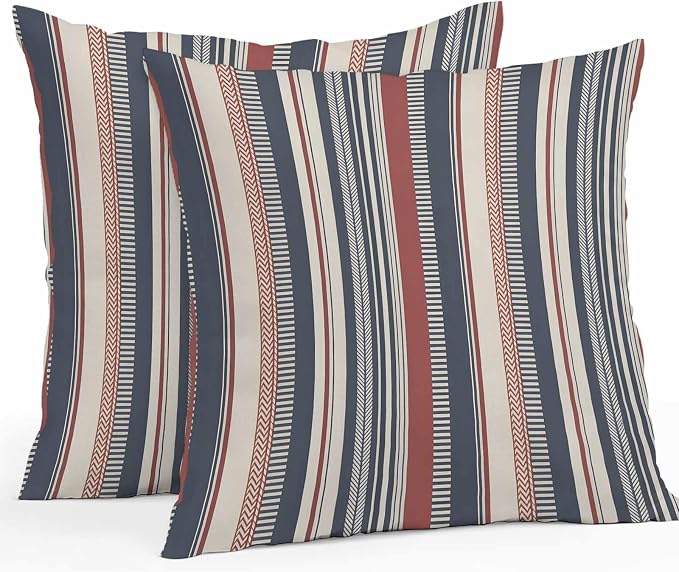Red Blue Beige Outdoor Pillow Covers 16x16 Inch Throw Pillow Covers Set of 2 Waterproof Decorative Pillow Cases Boho Retro Colorful Abstract Striped Cushion Covers for Patio Furniture Garden Couch
