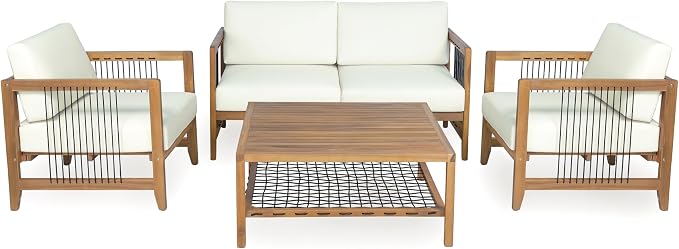 Christopher Knight Home 4 Piece Acacia Wood Outdoor Patio Sofa Set with Black Rope Accents Water Resistant Cushions Teak Finish Conversation Set for Backyard Garden Poolside