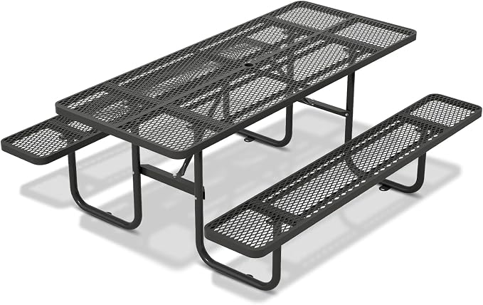 Picnic Tables for Outdoors with Umbrella Hole-Coated Steel Heavy Duty Commercial Grade Table with Seats,Commercial Metal Picnic Tables,Heavy Rectangular Furniture Set for a Lifetime (Black)