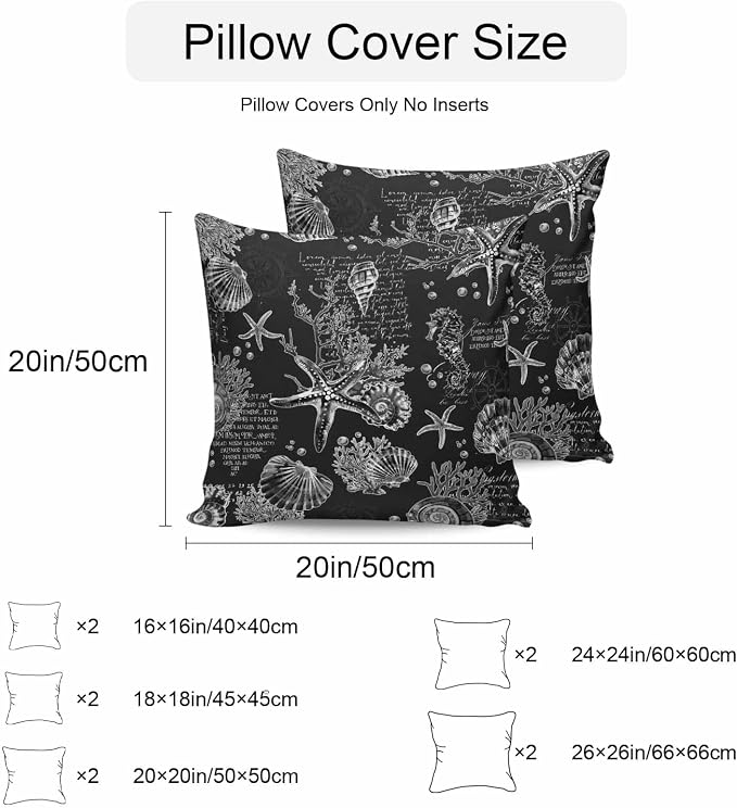 Black Coastal Waterproof Outdoor Pillow Covers Set of 2 Home Decor, Nautical Ocean Starfish Seashells Coral Pillowcase Patio Pillow Covers for Couch Bench Furniture Garden 16x16in