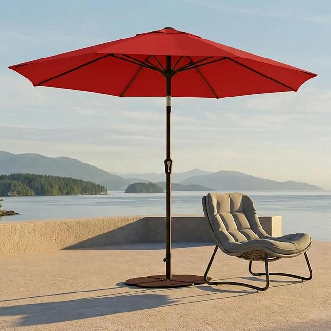 Kingdura 9FT Outdoor Patio Umbrella, Market Table Umbrella with Push Button Tilt and Crank, 8 Sturdy Fiberglass Ribs, UV Protection for Pool, Lawn, Deck, Backyard, Garden (Red)