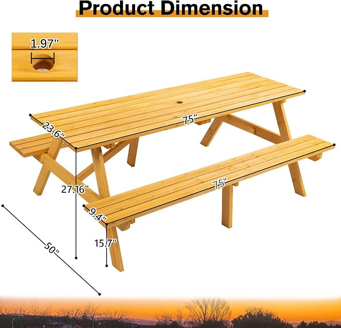 Hohuqeri Wood Picnic Table, 75" Tabletop with Umbrella Hole, 8 Person Outdoor Wooden Picnic Table Bench Set for Patio, BBQ, Dining, Yellow