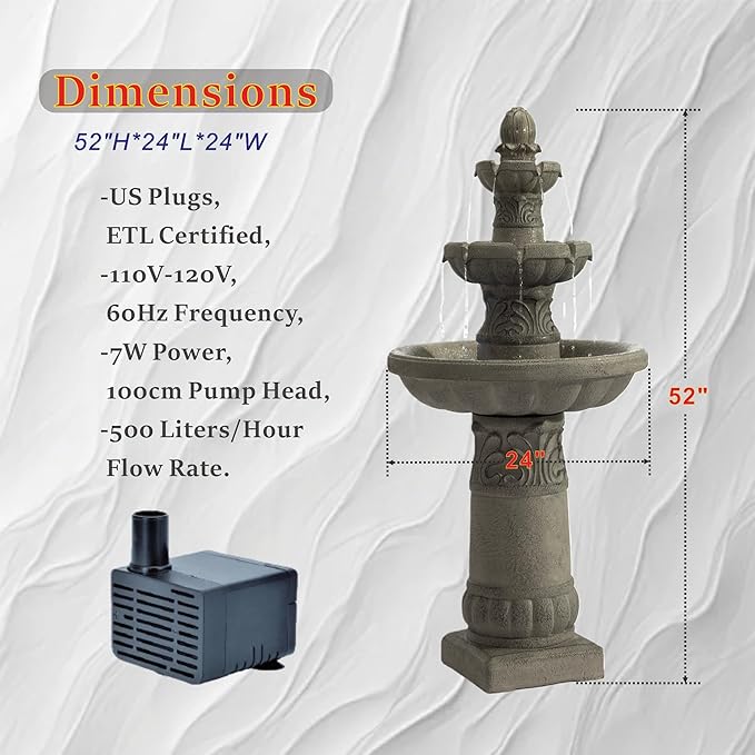3-Tier Outdoor LED Water Fountain, 52'' Tall Garden Waterfall with Cascading Bowls, Large Freestanding Resin Fountain with Pump for Patio, Yard, Porch & Indoor Use