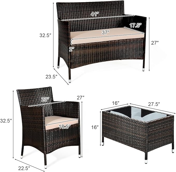 8 Pieces Patio Sofa Set, Wicker Conversation Set with Ergonomic Curved Backrest, Water-Resistant Cushion & Tempered Glass Table for Balcony, Porch (Brown)
