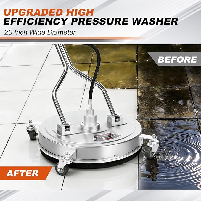 20" Pressure Washer Surface Cleaner, 4500PSI Stainless Steel Surface Cleaner for Pressure Washer with 4 Wheels, Power Washer Surface Cleaner for Concrete, Patio, Sidewalk, Deck and Driveways