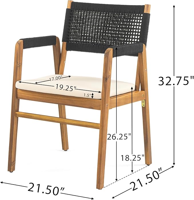 Christopher Knight Home Terri Acacia Wood Patio Dining Set for 6, Solid Wood Outdoor Dining Table Set for 6, 7 Piece Outdoor Dining Set with Rectangular Table and Woven Rope Accents, Teak+Beige+Black