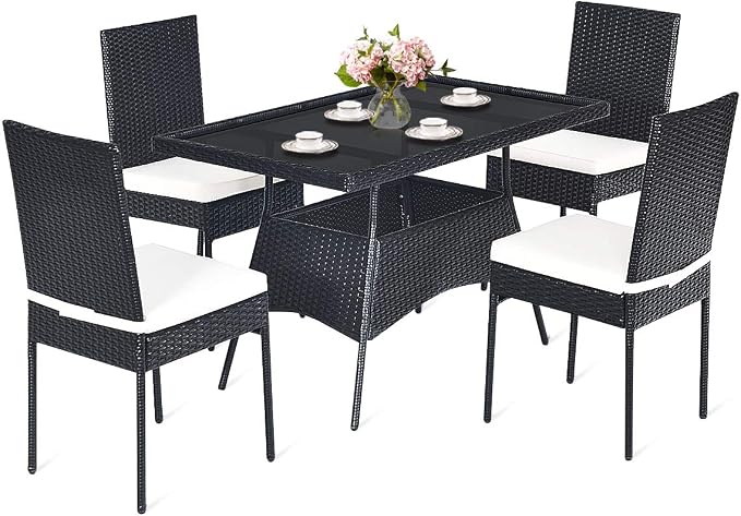 RELAX4LIFE 5-Piece Wicker Dining Set - Patio Rattan Dining Furniture w/ 1 Rectangular Table, 4 Chairs & Removable Soft Cushions, Indoor & Outdoor Dining Table Set w/Tempered Glass Top, Black