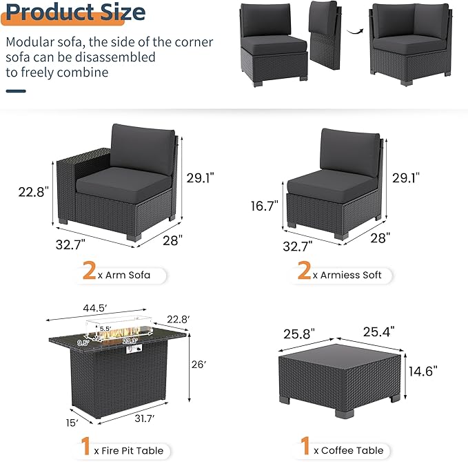 UDPATIO Patio Furniture Set with Fire Pit Table, Outdoor Wicker Conversation Set with 8'' Wide Armrests, Patio Sectional Sofa Set for Backyard, Deck, Black Cushions