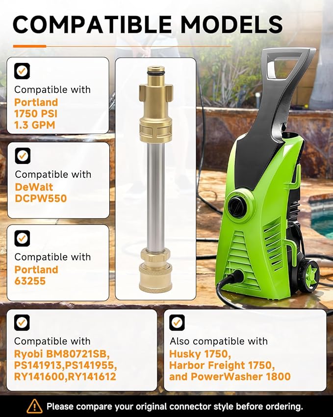 1/4" Quick Connect Pressure Washer Gun Adapter, Compatible with Portland 1750, DEWALT, Ryobi, Sun Joe Electric Power Washer, 1/4" Quick-Connect Fitting for Nozzle Tips & Foam Cannons