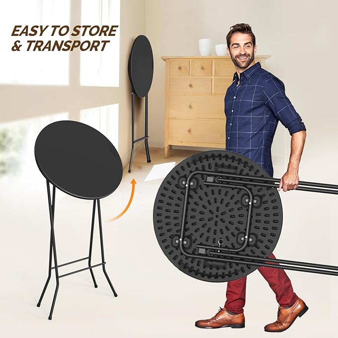 Bonnlo 24" Cocktail Table High Top Table, Folding Round Table Bar Height, HDPE Matrial with Gray Metal Finish for Outdoor Party, Backyard, Dining Room, Wedding Event,Black- 2PCS