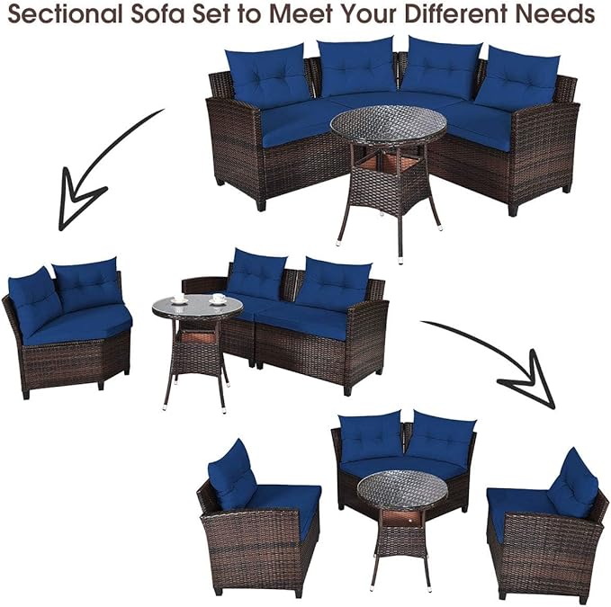 HAPPYGRILL 4 Pieces Rattan Patio Conversation Set, Outdoor Wicker Furniture Set with Cushioned Sofas and Coffee Table, L-Shape Sectional Curved Sofa Set for Garden Poolside Balcony