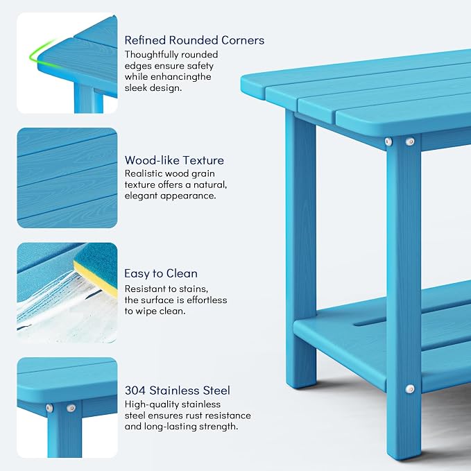 nevilywood Adirondack 2-Tier Outdoor Side Table, HDPE Weatherproof Patio End Table with Wood-Grain Finish, 250lbs Heavy Duty Small Accent Table for Balcony Backyard Poolside,Light Blue