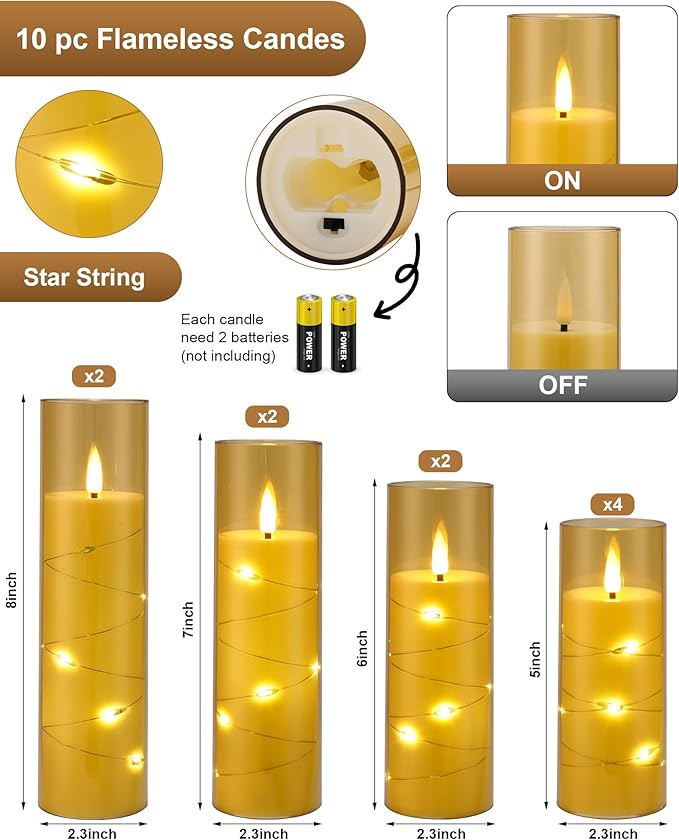 Enido Gold 10 Pc Flameless LED Candles with Remote Acrylic Shell Set Battery Operated, Flickering Electric Lights with Embedded Star String for Cozy Home, Good Holiday Romantic Decor