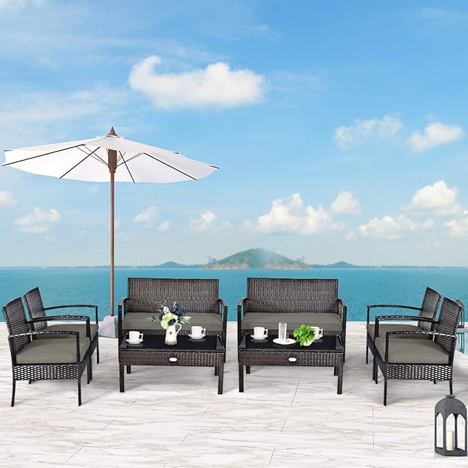 Tangkula 8-PCS Wicker Patio Conversation Furniture Set, Outdoor Rattan Chair and Table Set, Patio Furniture Sets with Coffee Table & Washable Cushions for Courtyard Balcony Garden (2, Brown)