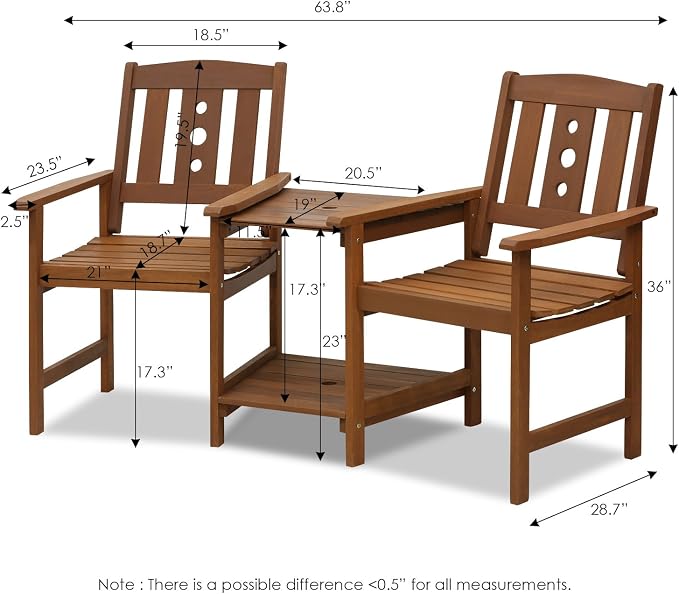Furinno TIOMAN Outdoor Dining Set, 2-Seater Wood Patio Set, Chairs for 2 & Side Table, with 2-Tier Shelf and Umbralla Holes, for Patio, Garden, Porch, Light Wood