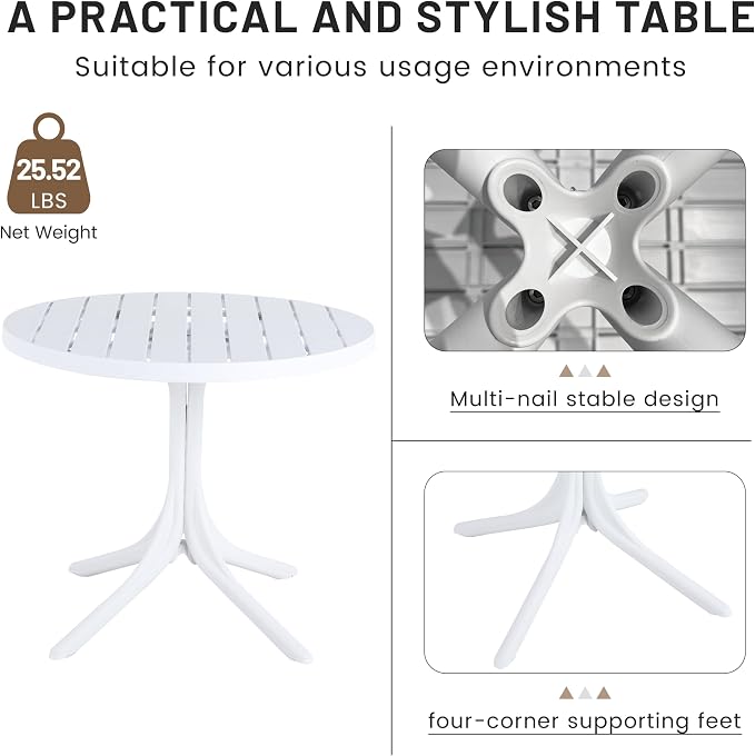Summer 36 Inch Round White Plastic Table, Indoor/Outdoor Dining & Coffee Table, Lightweight & Foldable All-Weather Patio Table for Garden, Courtyard, Camping, Easy Assembly