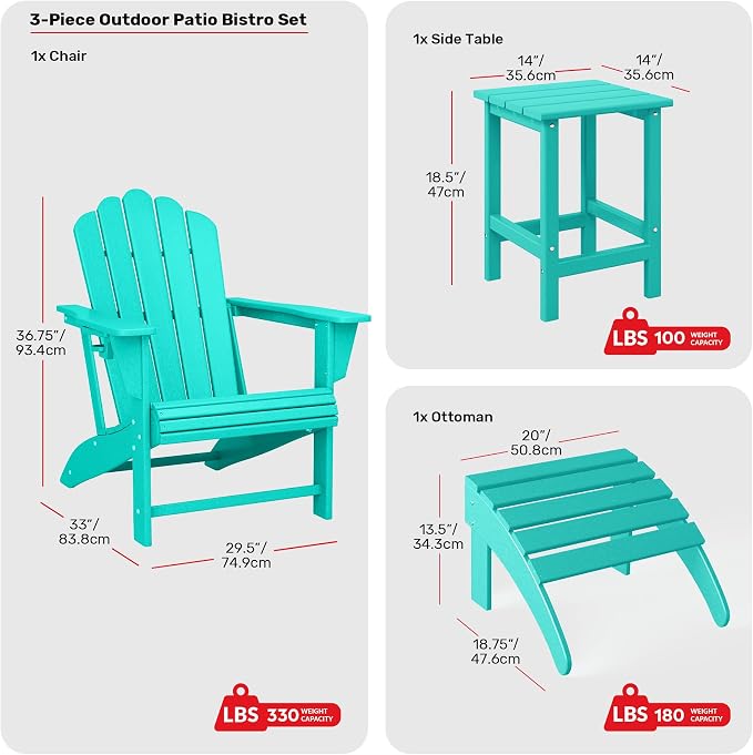 Costaelm Lakeview 3-Piece Adirondack Chair with Cup Holder and Folding Ottoman and Table Set, Turquoise