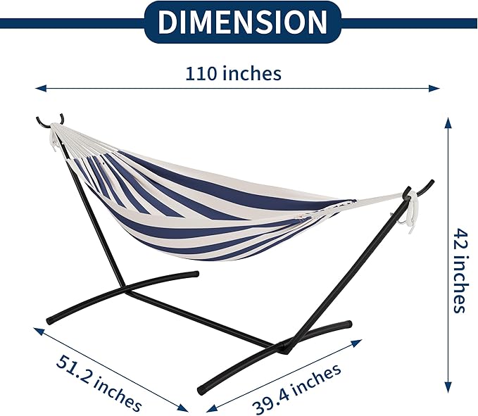 Heavy Duty Double Cotton Hammock with Steel Stand for 2 Person - Brazilian Style, 450lbs Capacity - Portable Indoor Outdoor Lounger with Carry Bag - Easy Assembly for Backyard, Balcony