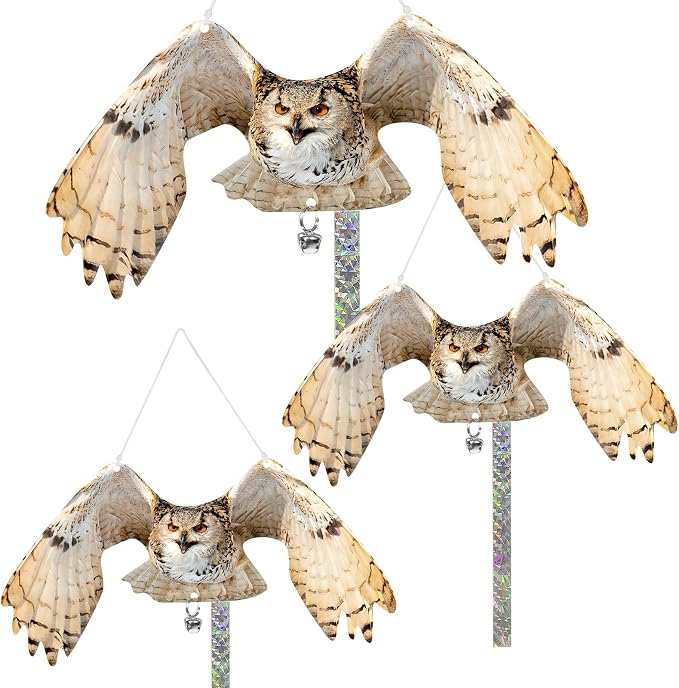 Owls to Keep Birds Away: 3Pcs Fake Owl with Reflective Tape for Garden Patio, Reflective Hanging Decoration to Keep Birds Pigeon from Windows Tree