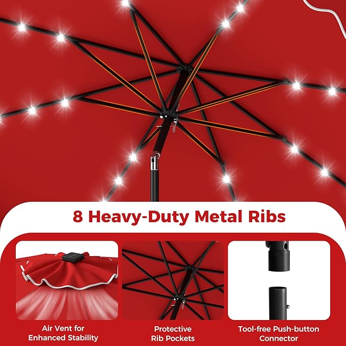 Tangkula 10 FT Solar Patio Umbrella with Base Included, 2-Tiers Outdoor Scalloped Table Umbrella with 32 LED Lights, 2 Sandbags, Tilt Adjustment, Crank, 8 Ribs for Market Backyard Pool Deck Beach Lawn (Red, 10 FT)