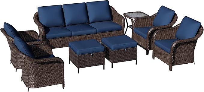 8 Piece Patio Wicker Conversation Set, All-Weather Use Outdoor Wicker Sofa with 2 PE Rattan Ottomans,4 Chair, 1 Side Table, Ideal for Porch, Backyard, Balcony, Poolside, Blue