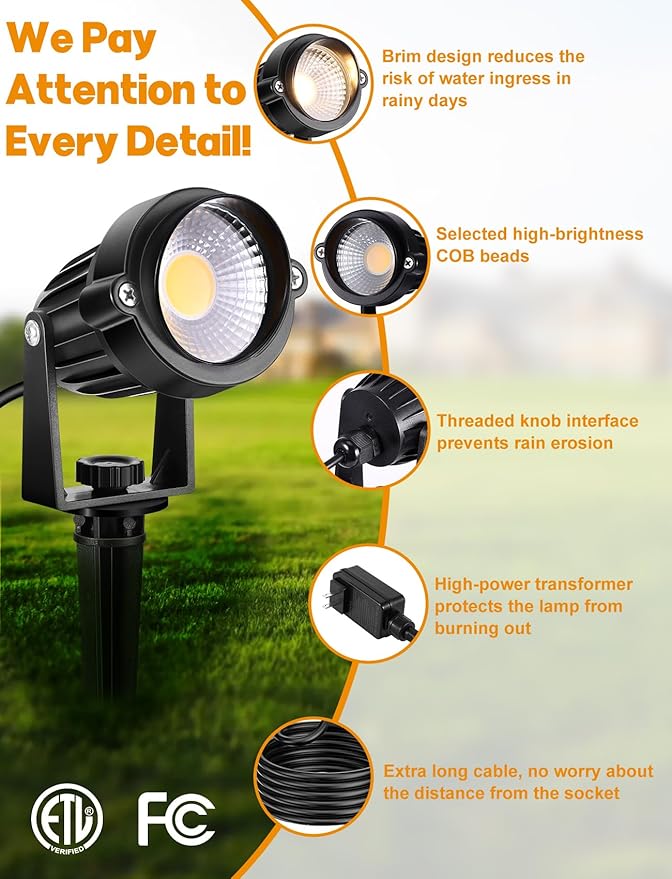 OurLeeme Outdoor LED Landscape Lighting - 6-in-1 LED Yard Spotlights for Outside with 36W Transformer, Spotlight Landscape Lighting Plug in House Spot Lights Outdoor for Yard Garden (Warm)