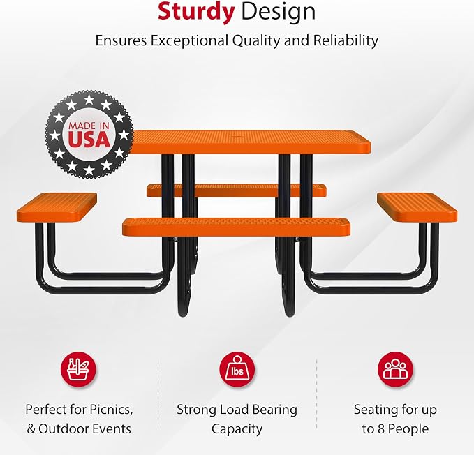 Leisure Craft Metal Picnic Table with Bench - 46" Square Outdoor Dining Table for 8 with Umbrella Hole, Weatherproof Heavy Duty Thermoplastic Coating, Commercial Grade Furniture Made in USA - Orange